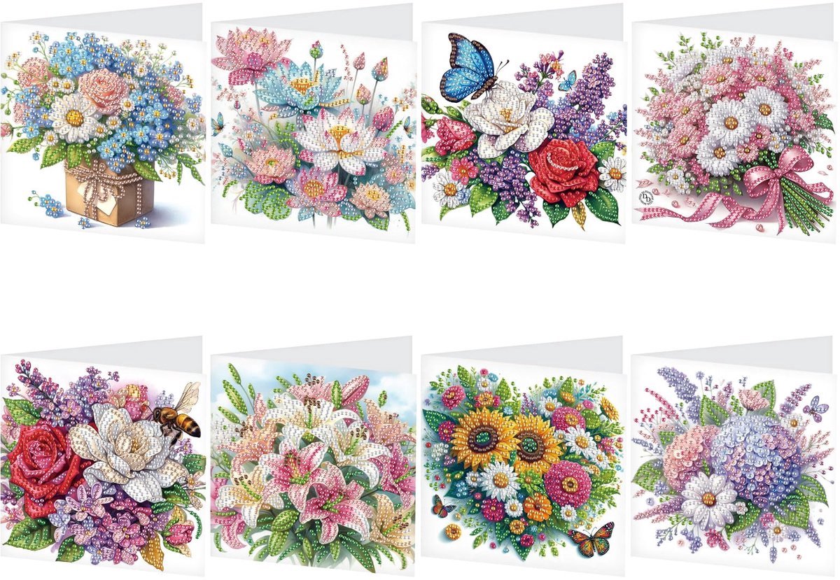 Casalora Diamond Painting kaarten - 8 Diamond Painting Wenskaarten - Bloemencollectie - DIY Kaarten, Speciale Diamanten, Enveloppen en Accessoires - E