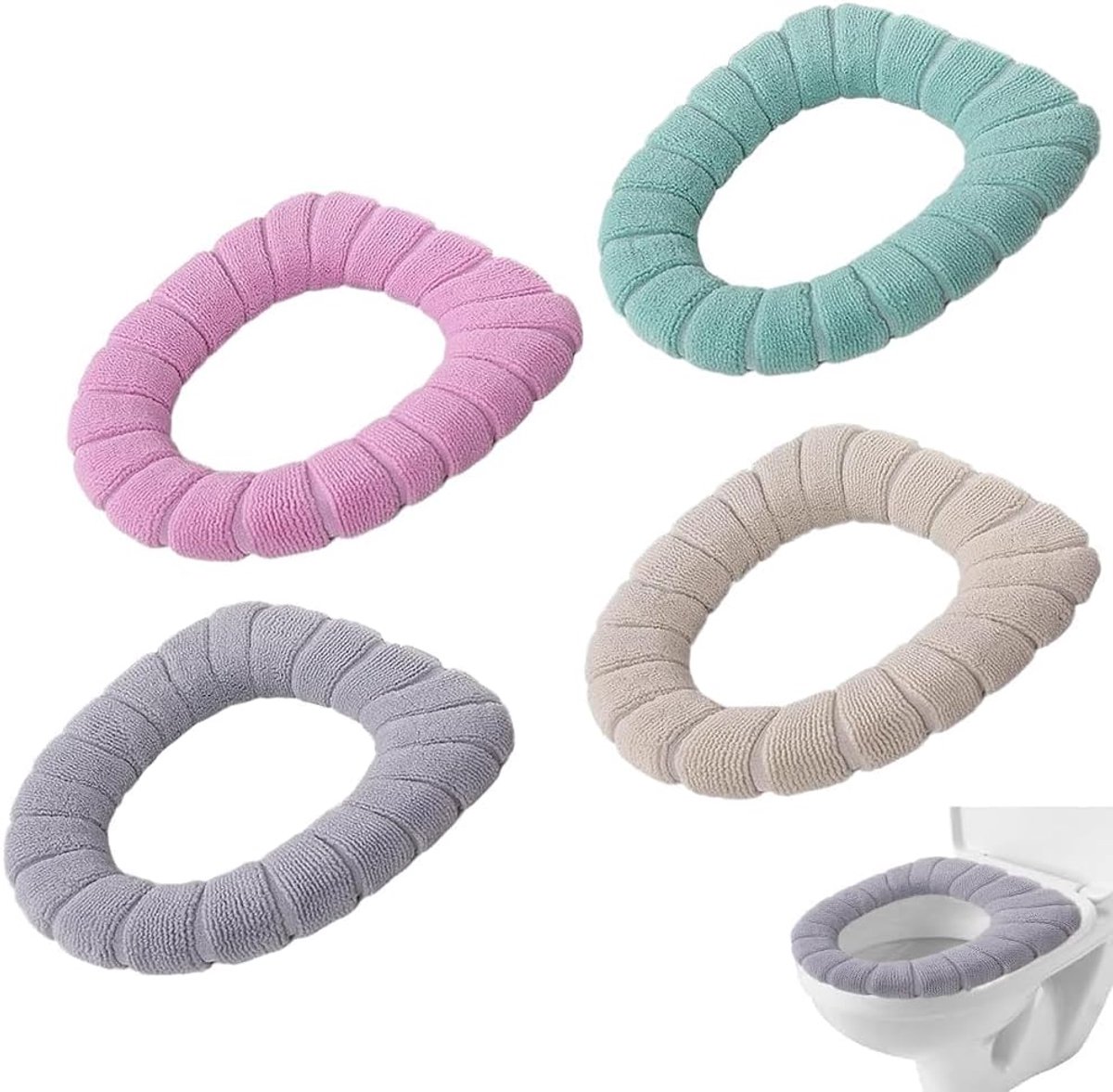 4 stuks wc-brilwarmers, toiletbrilhoezen, wasbare doek, wc-brilbekleding, pads, ingebouwde kunststofring van vezelweefsel, voor universele toiletbril, zacht en comfortabel
