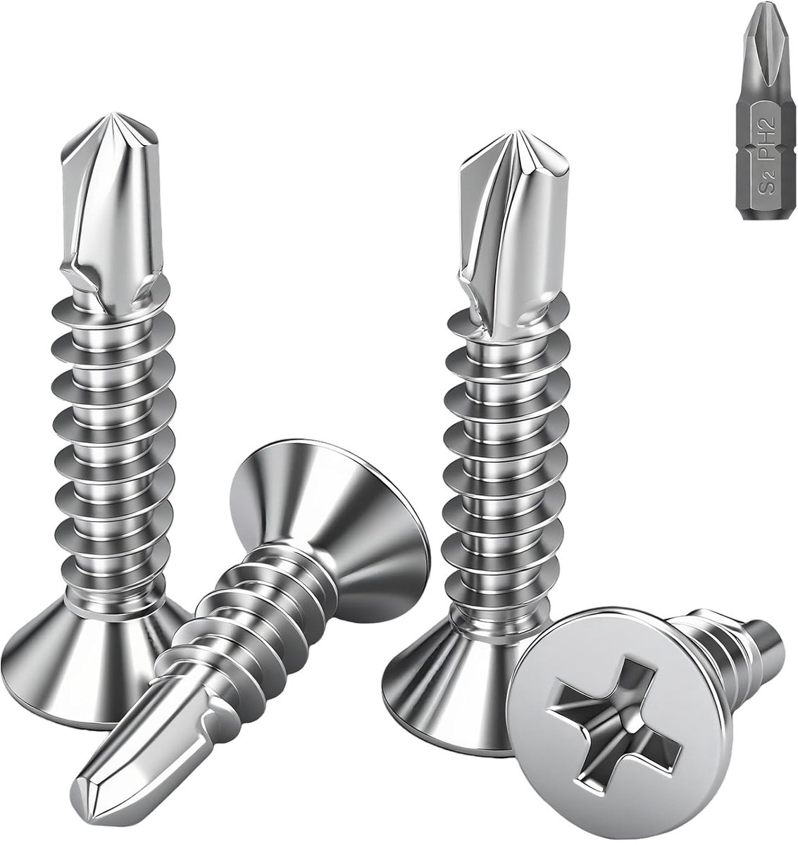 60 stuks Zelftappende Schroeven M4.8x38mm,410 RVS,Verzonken Kop | Kruisgleuf,Inclusief Bits,Hout,Metaal,Kunststof,Plaatwerk,Meubelreparatie,Montage,Bevestiging,Klussers,Monteurs