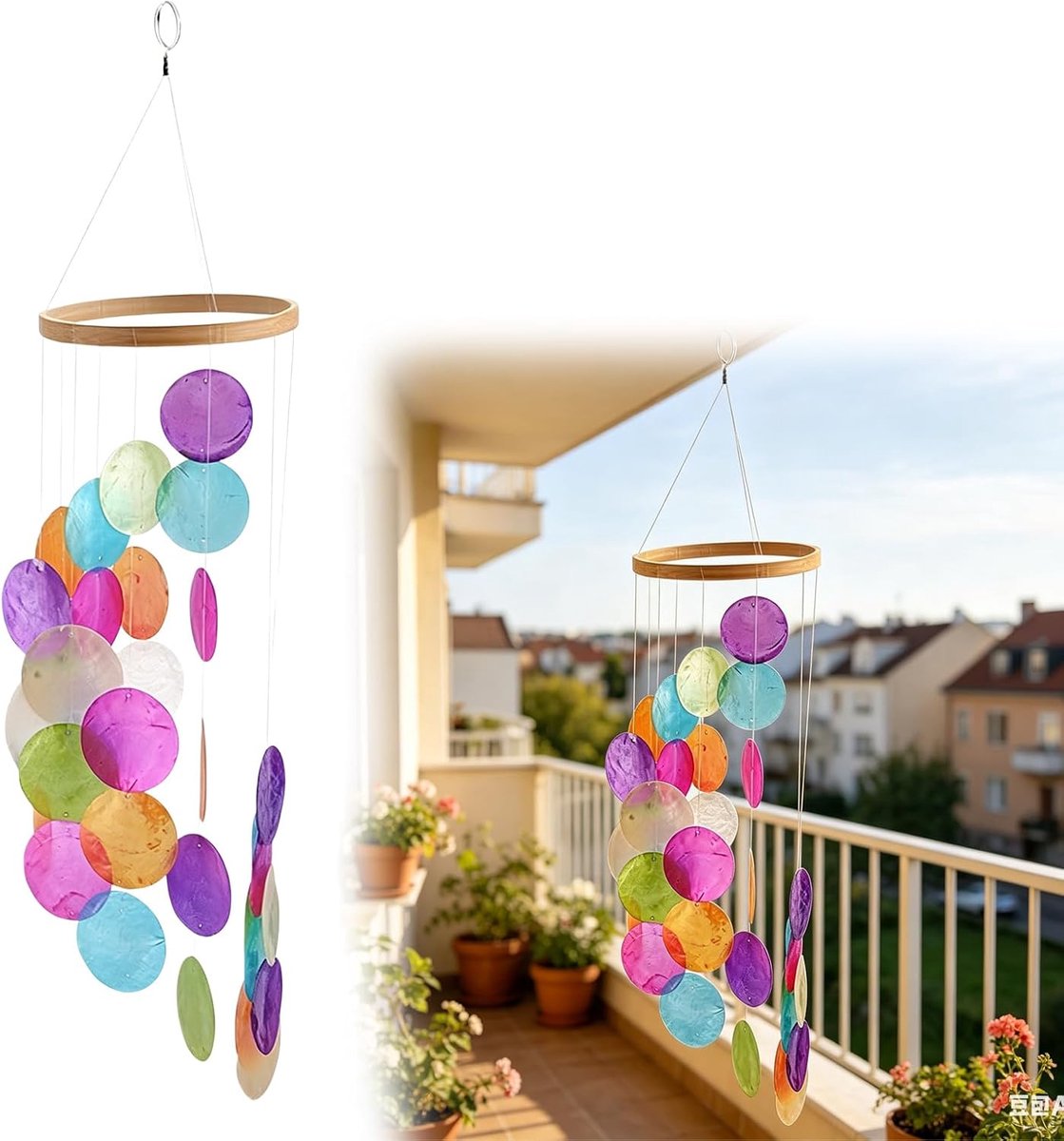 Windgong schelp dromenvanger parelmoer windgong voor tuindecoratie, Capiz schelp ketting slinger, boho decoratieve schelp windgong hangende decoratie voor ramen, woonkamer, balkon, terras, kleurrijk