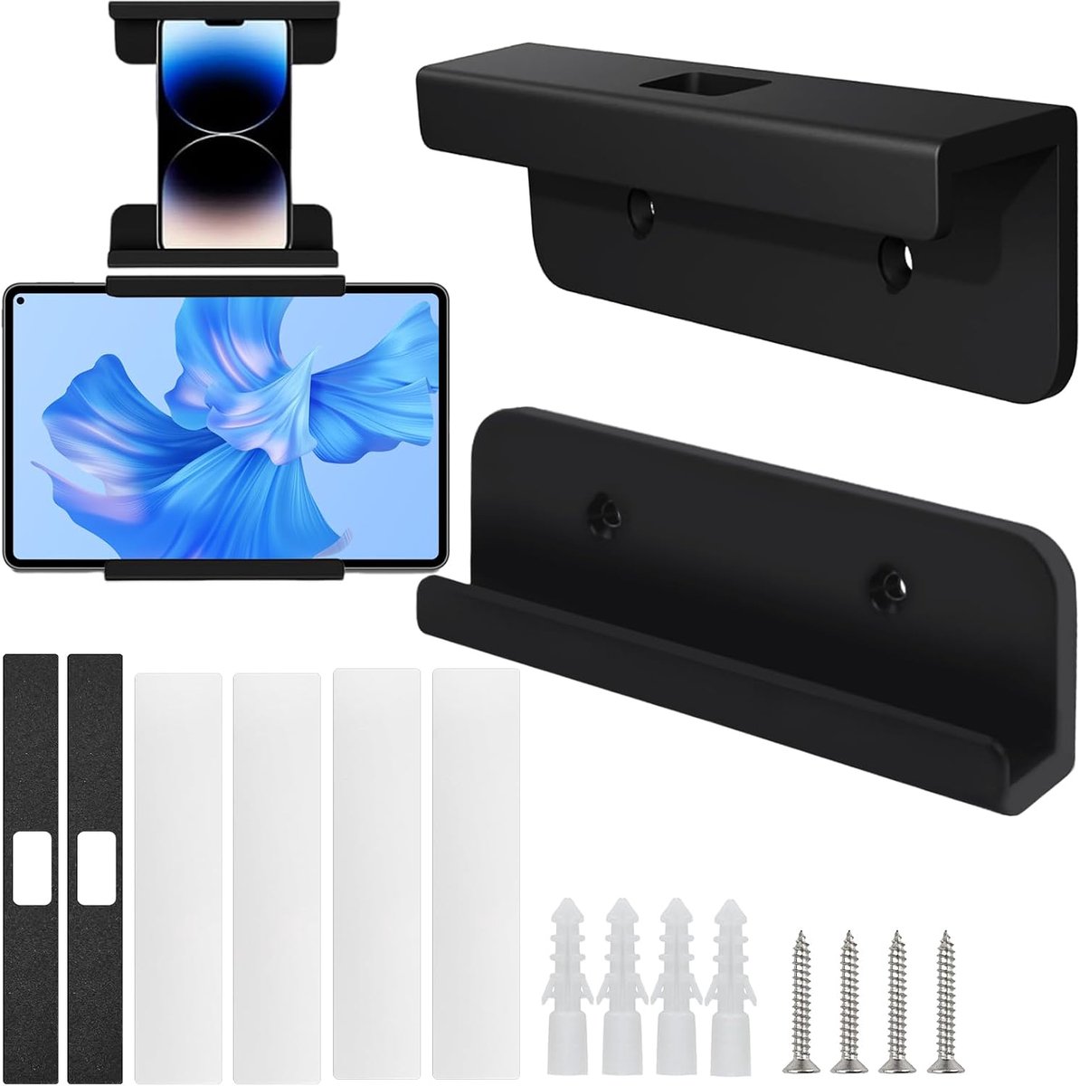 Tabletwandhouder acryl met kleefbevestiging en schroefmontage, compatibel met de meeste tablets, smartphonehouder, wandhouder voor mobiele telefoon