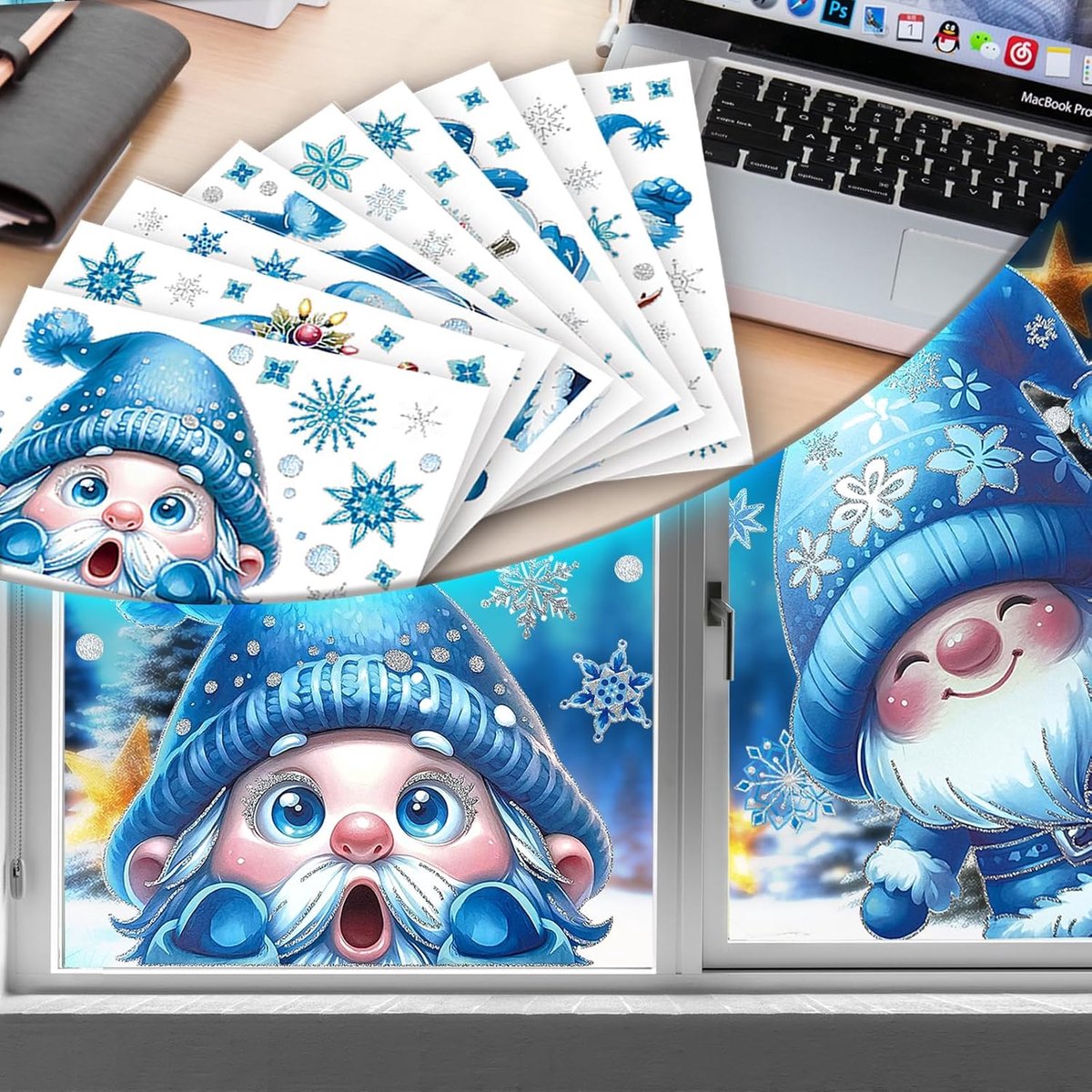 Kerstmis 9 vellen blauwe kabouters dubbelzijdig bedrukt raamsticker sneeuwvlokken voor kerstdecoratie