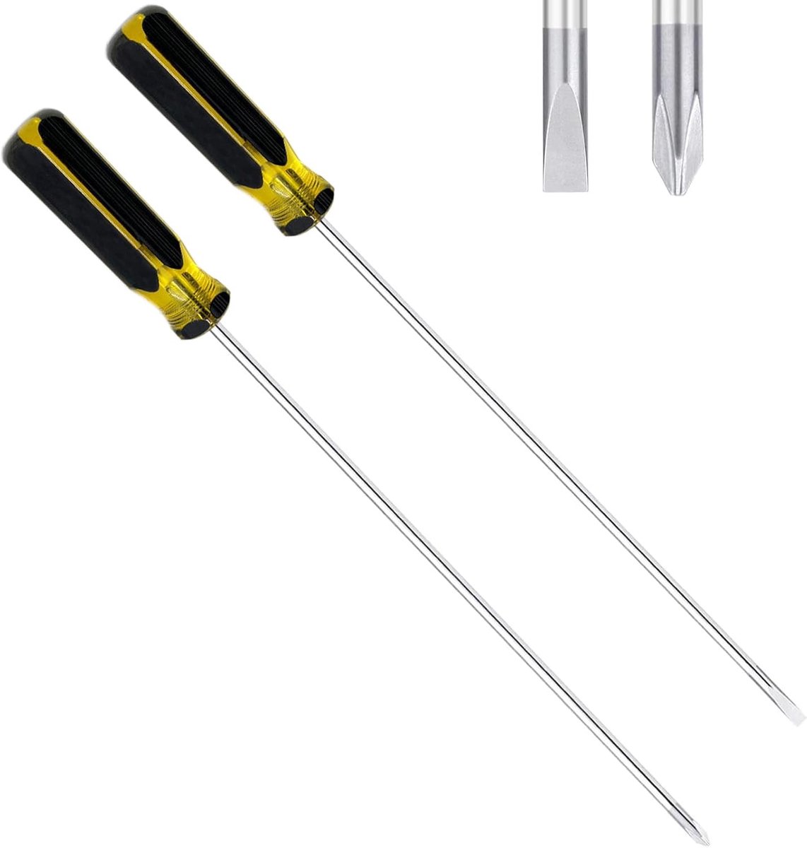 2 stuks lange schroevendraaier set, 15 inch magnetische lange platte kop schroevendraaier en lange kruiskopschroevendraaier reparatieset voor mannen vader vriend, geel