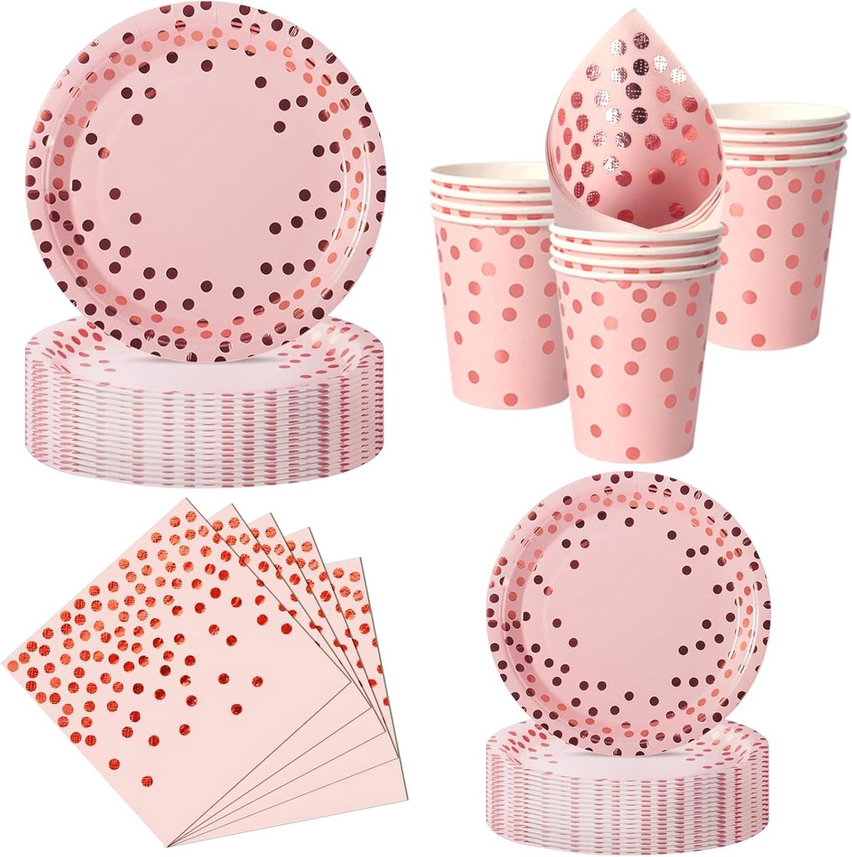 Feest Servies, 50 Stuks Roze en Roze-Gouden Papieren Borden Kinderverjaardagsset met Wegwerp Papieren Borden, Servetten en Bekers voor Verjaardagen, Barbecues, Picknicks en Feesten