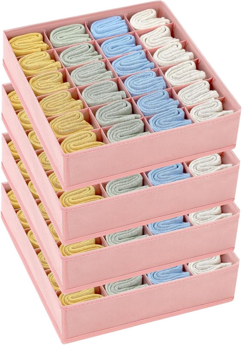 Ondergoedorganizer, sokken-organizer, lade-organizer, opvouwbaar 24 vakken, opbergsysteem, kledingkast, organizer, opbergdozen, sokken, stropdassen, beha's, 4 stuks, roze