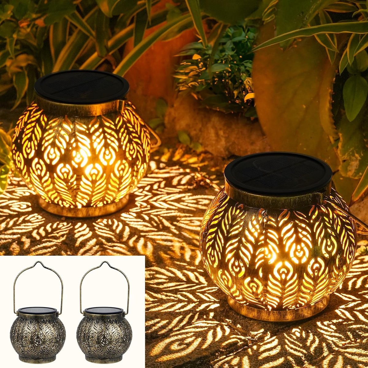 Lantaarn op zonne-energie, 2 stuks, hangende LED-lampen voor patio, terras, muur en tafel, IP65 waterdicht, oosterse stijl