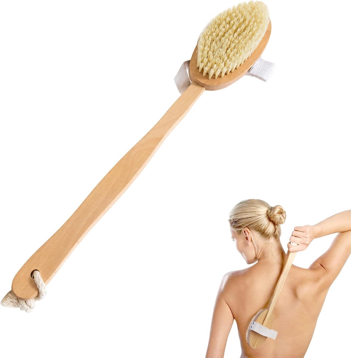 Houten exfoliërende borstel met lange steel en ophangkoord - Rugborstel voor douche en bloedsomloopmassage - Hout, 42x7x3cm