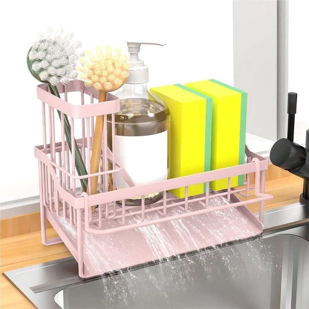 Gootsteenrek met Sponshouder, Keukenorganizer en Opberger, Keukenaccessoires (Roze)