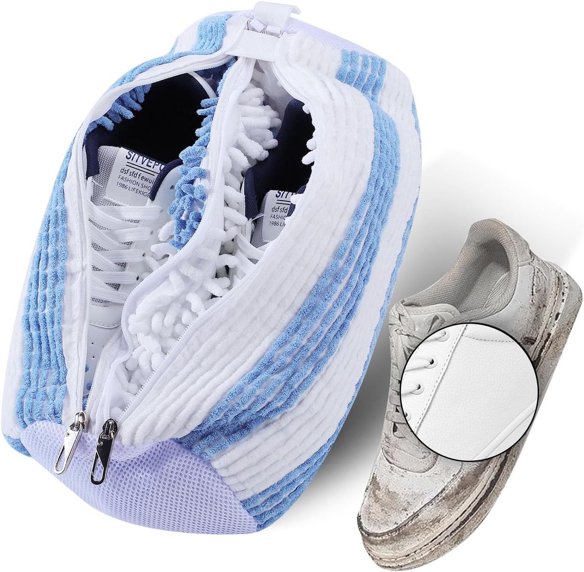 wasmachine: dubbele ritssluiting dubbele zakken schoenenzak waszak voor sneakers en gymschoenen voor optimale reiniging, bescherming en verzorging van de schoenen (blauw + wit)