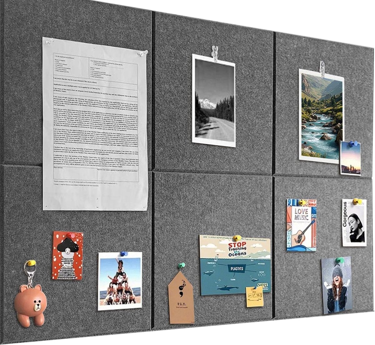 kurkbulletin board voor aan de muur, 90 x 60 cm, 6 stuks vilten wandtegels met 60 priknaalden, 30 veilige, afneembare zelfklevende tabs, decoratief prikbord voor kantoor, school en vrije tijd