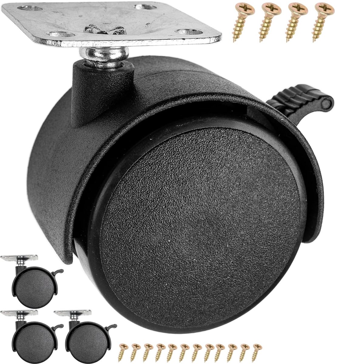 4 stuks, zwart, wiel Ø 40 mm, totale hoogte 53 mm, schroefplaat 38 x 38 mm 360° draaibaar, zwenkwieltje om op te schroeven, 20 kg draagvermogen per dubbel stuur, velg met rem