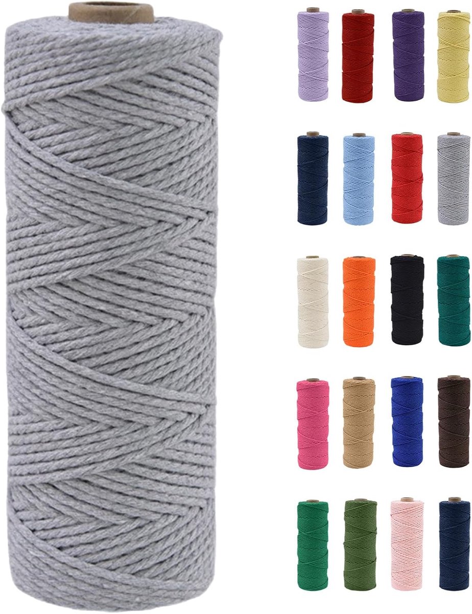 Macramé koord, 100 m natuurlijk katoenen macramé touw, grijs macramé katoenen koord, knutselkoord zonder chemicaliën voor doe-het-zelf ambachten, macramé kunst, geschenkverpakking,