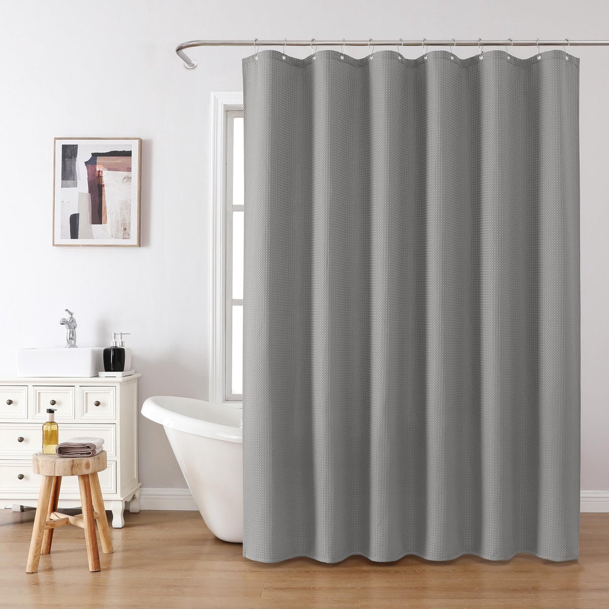 SnelShoppen - Douchegordijn Wafelstof Waterdicht Metalen Ringen Anti-schimmel Badgordijn Zwaar 182 x 182 cm Donkergrijs voor Badkamer Douchecabine