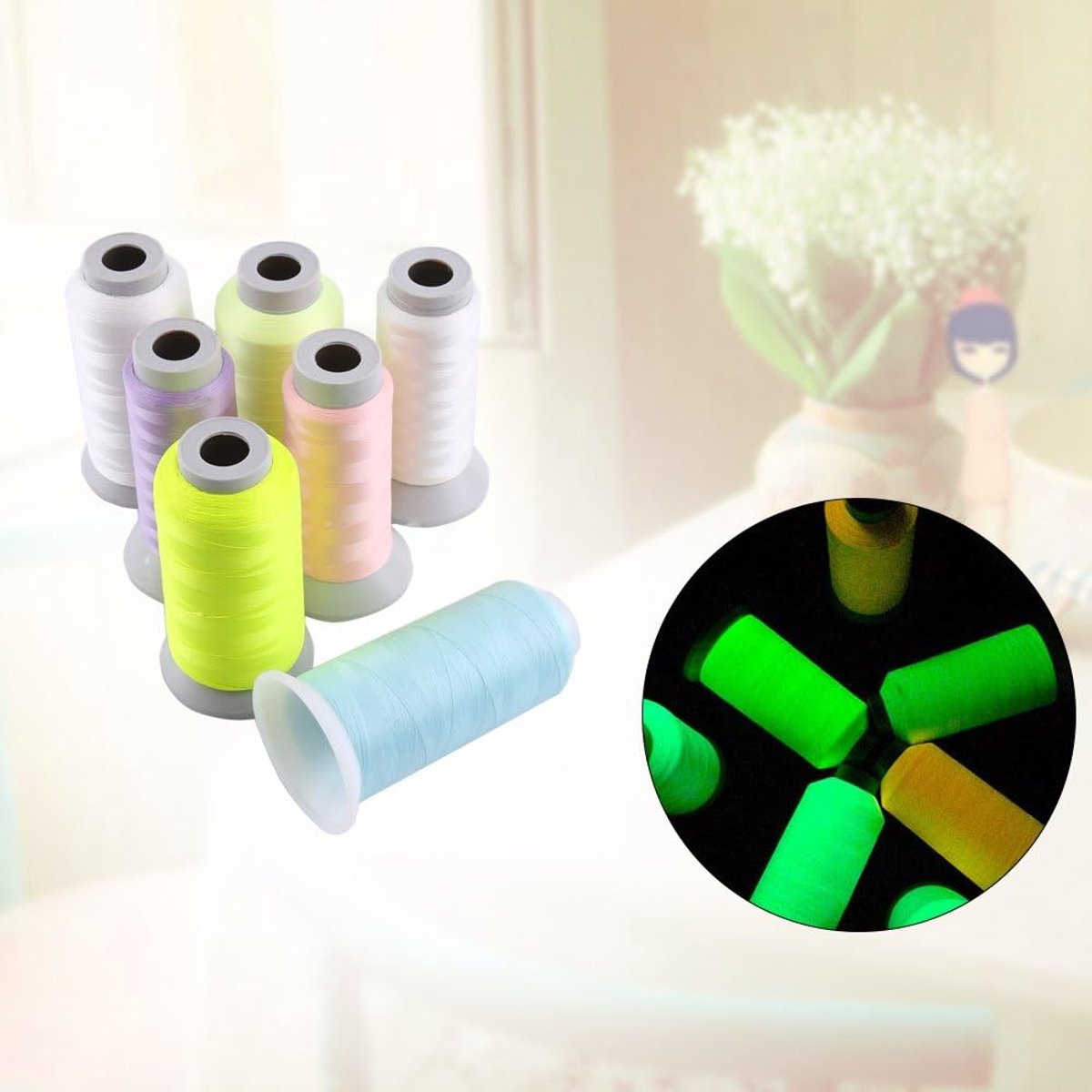 Naaigaren, Glow in The Dark Borduurwerk Naaigaren voor Leer Craft Naaien Handgemaakte Maken DIY (3000 Yards-Wit)
