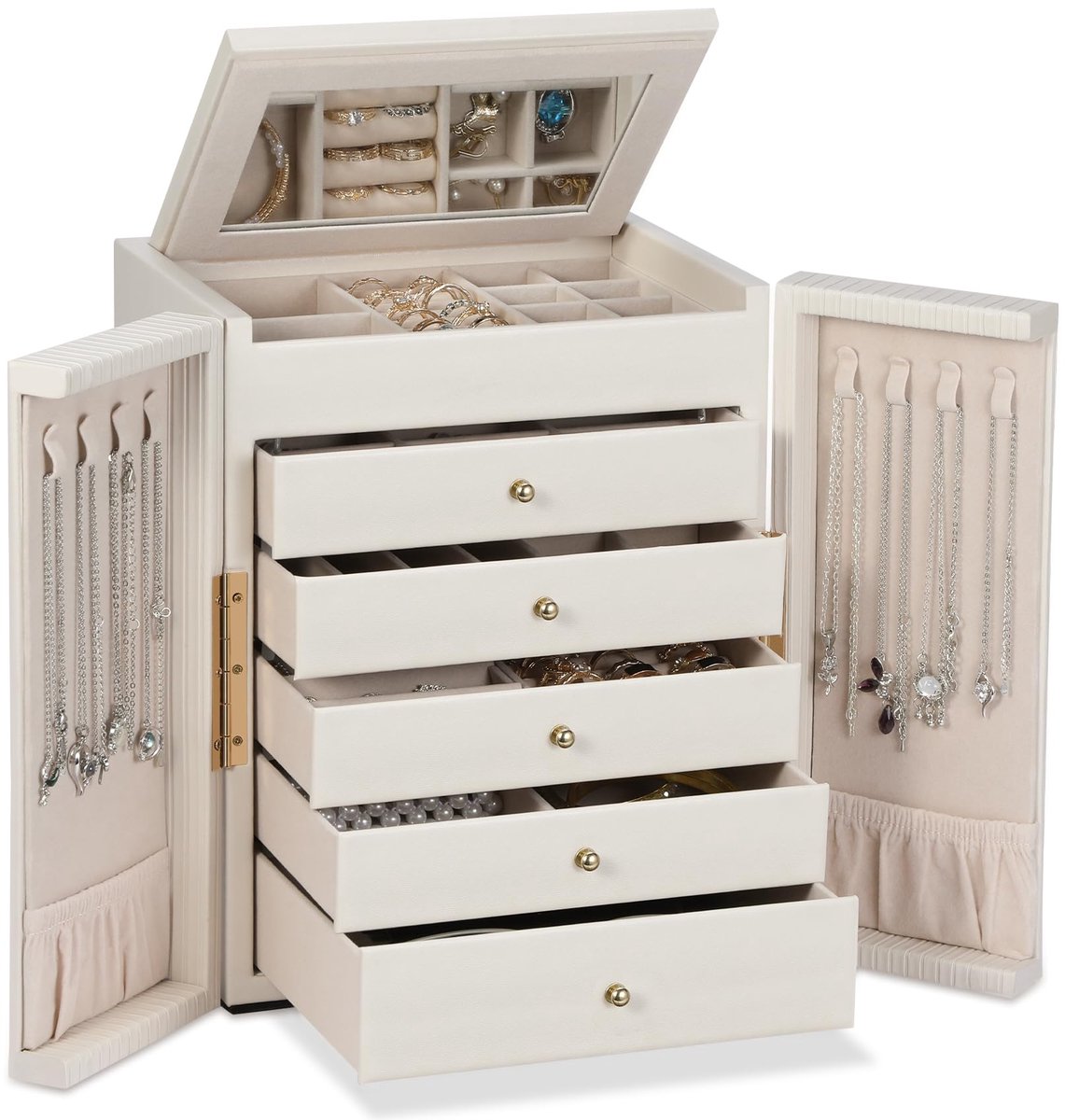 SnelShoppen - Grote sieradenopslag, 6 niveaus sieradendoos met 5 laden, sieradenkast met spiegel en dubbele deur, moderne leren sieradendoos in beige,