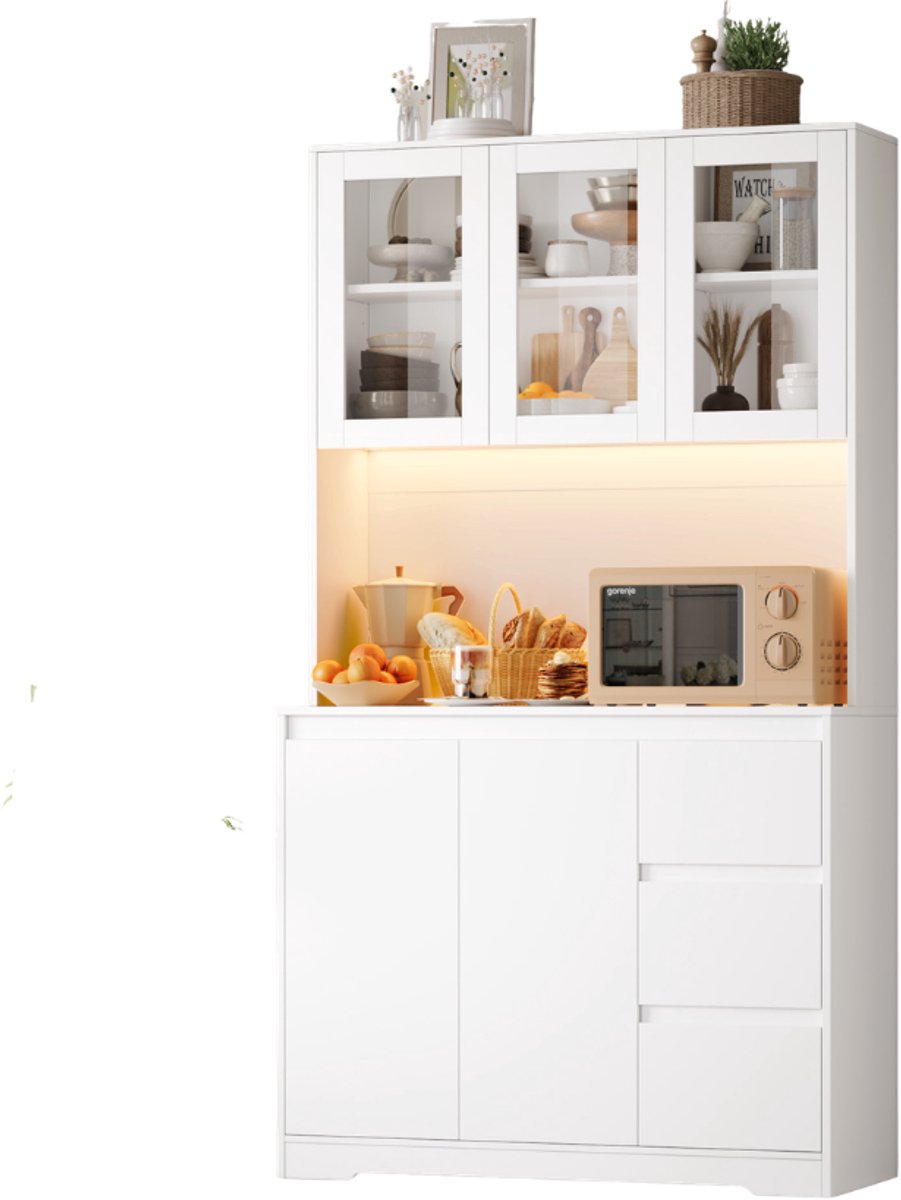 Keukenkast met LED – Voor Keuken en Eetkamer – Buffetkast met 3 Lades, Stopcontacten en Verstelbare Planken – 100×38,5×180 cm