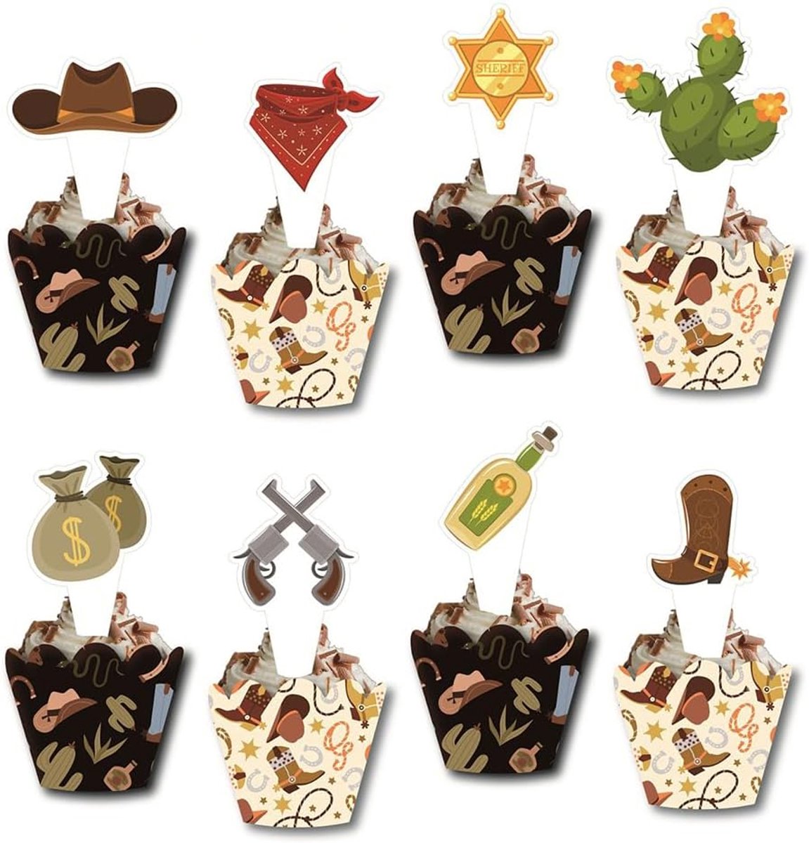 Cupcake Toppers en Wrappers 48 stuks paardrijden cowboy gelukkige verjaardag westerse thema cupcake decoraties voor babyshower kinderen jongen meisje cowboy verjaardagsfeestje taartdecoraties