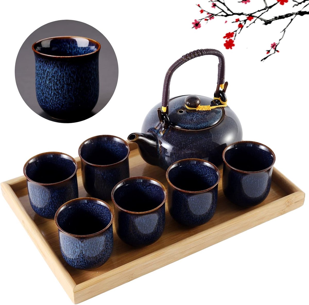 Japanse theeservies voor 6 personen, ovenveranderd glazuur porseleinen theeset met 1 theepot, 6 theekopjes en 1 theeblad, unieke Chinese theeserviezen voor volwassenen/theeliefhebbers/vrouwen