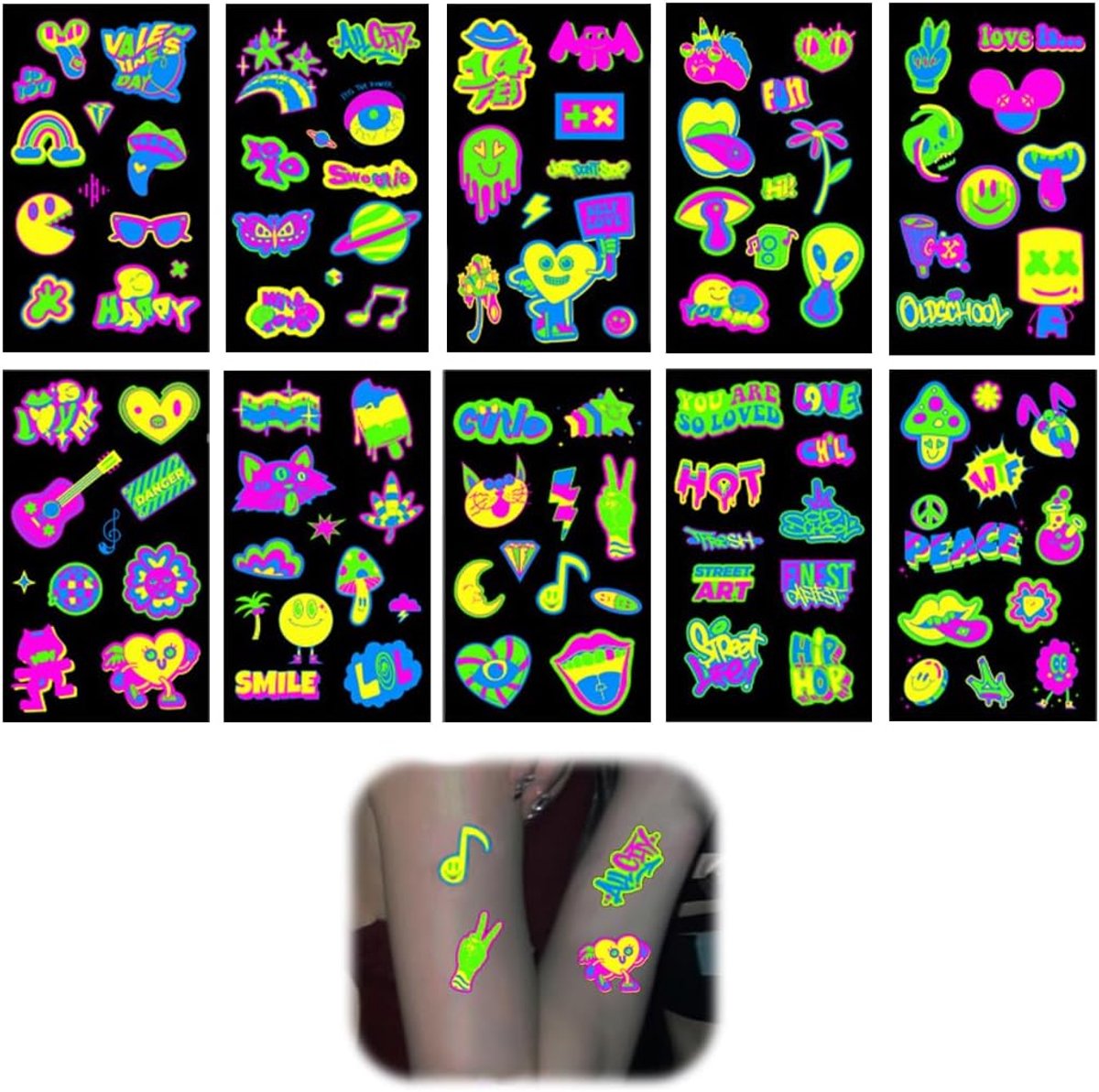 10 vellen lichtgevende tatoeages onder neon UV zwart licht, tijdelijke zelfklevende tatoeages voor volwassenen, tieners, kinderen - waterbestendig, feestgadgets