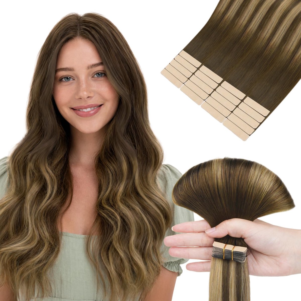 hotbanana Tape in Hair Extensions, balayage chocoladebruin tot karamelblond, tape-in haarextensies, echt mensenhaar, natuurlijk steil Remy echt haar, tape 35 cm, 50 g, 20 stuks