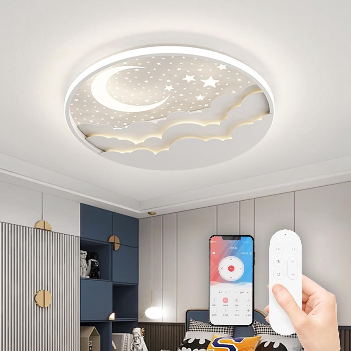SnelShoppen - LED Dimbare Plafondlamp Ster en Maan Plafondlicht voor Kinderkamer, Modern Cartoon Verlichting met Afstandsbediening, 50cm voor Jongens