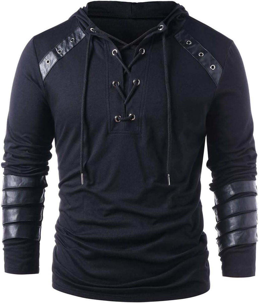 gothic Steampunk Trekkoord Lace up Hoodie Middeleeuwse Knight Lange Mouw Stikken Lederen Armor Sweatshirt Pullover Zwart