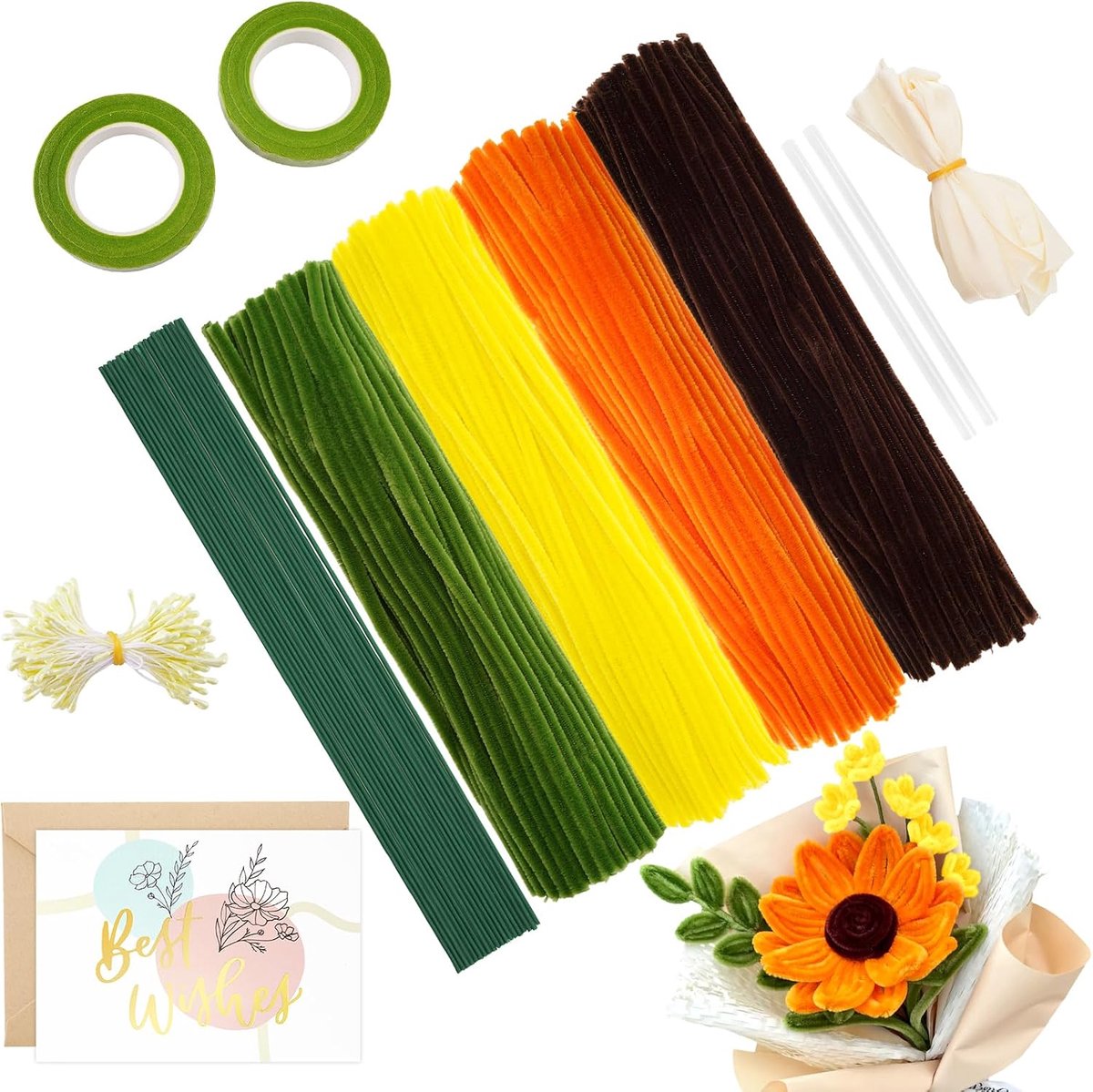 Pijpenreiniger bloemenset, pijpenreiniger om te knutselen, geel, 30 cm chenilledraad, pijpenreiniger, buigbaar, pijpenreiniger voor knutselen, decoreren, Halloween, Kerstmis