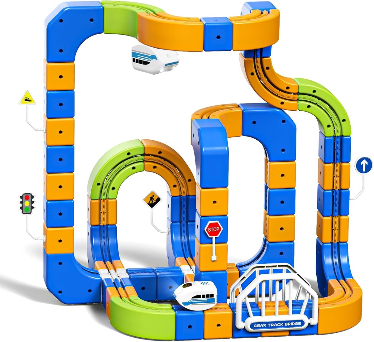 Trein Set Kinderen 225 Stuks (80 Rails + 2 Treinen) – Grote 3D Flexibele Treinbaan met Bruggen, DIY STEM Bouwspeelgoed, Dubbele Gemotoriseerde Trein USB, Cadeau 3-10 Jaar