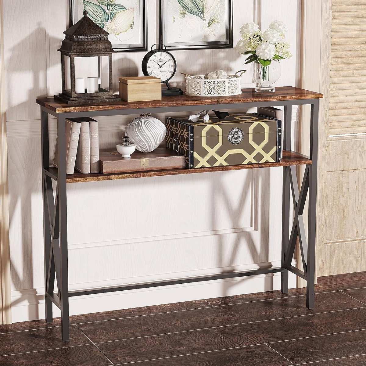 Consoletafel, haltafel, bijzettafel met 2 legplanken, in hoogte verstelbaar, stabiel X-frame, 101 x 25 x 80,5 cm, verstelbare voetjes, eenvoudige montage, voor hal, woonkamer, rustiek bruin