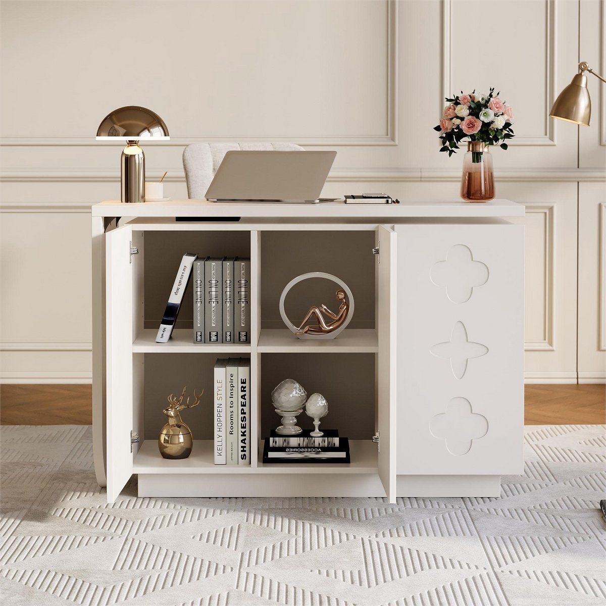 MODENUIT Bureau - Draaibaar L-Vormig Hoekbureau Met Kasten - Voor Kantoor - MDF - Wit - 110x40x75 Cm