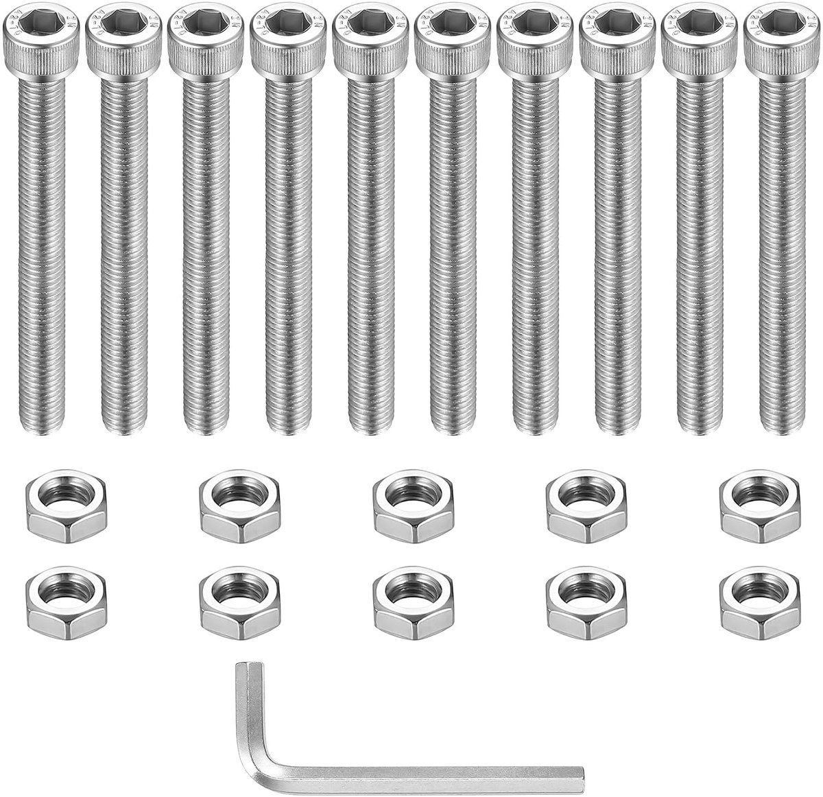 Set van 10 M10-bouten en moeren, set met zeskantige schroefdop met kop, schroeven voor inbussleutel met kop, moeren en boutenset, roestvrijstalen machineschroeven, cilindrische volledig schroefdraad