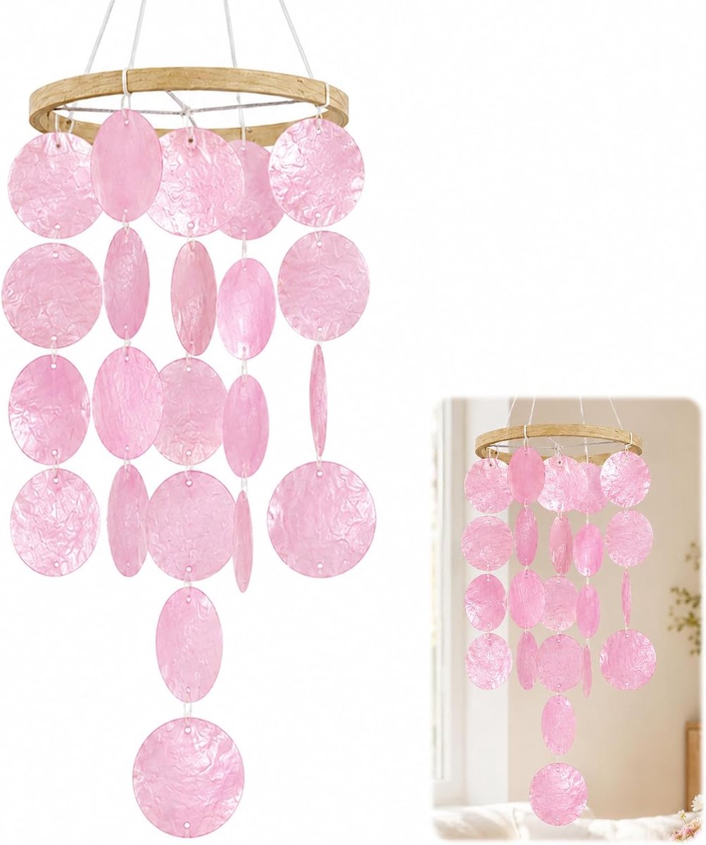 Windgong schelpen, Boho Deco Capiz windgong (roze) | 73 cm lengte schelp windgong hangdecoratie, schelp windgong outdoor voor tuin, raam, balkon, buiten en binnen