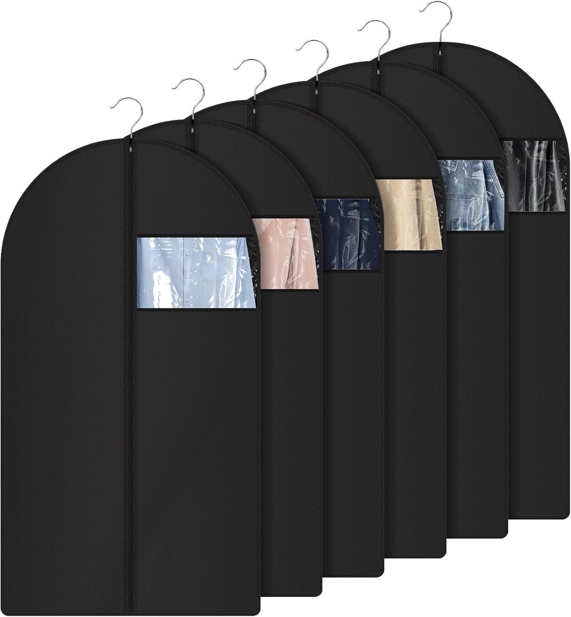Kledingzak, 6 stuks, 100 x 60 cm, PEVA, wasbaar, kledingzak met ritssluiting, stofdicht, mottenbescherming, voor overhemden, mantels, jassen, pakken (zwart)