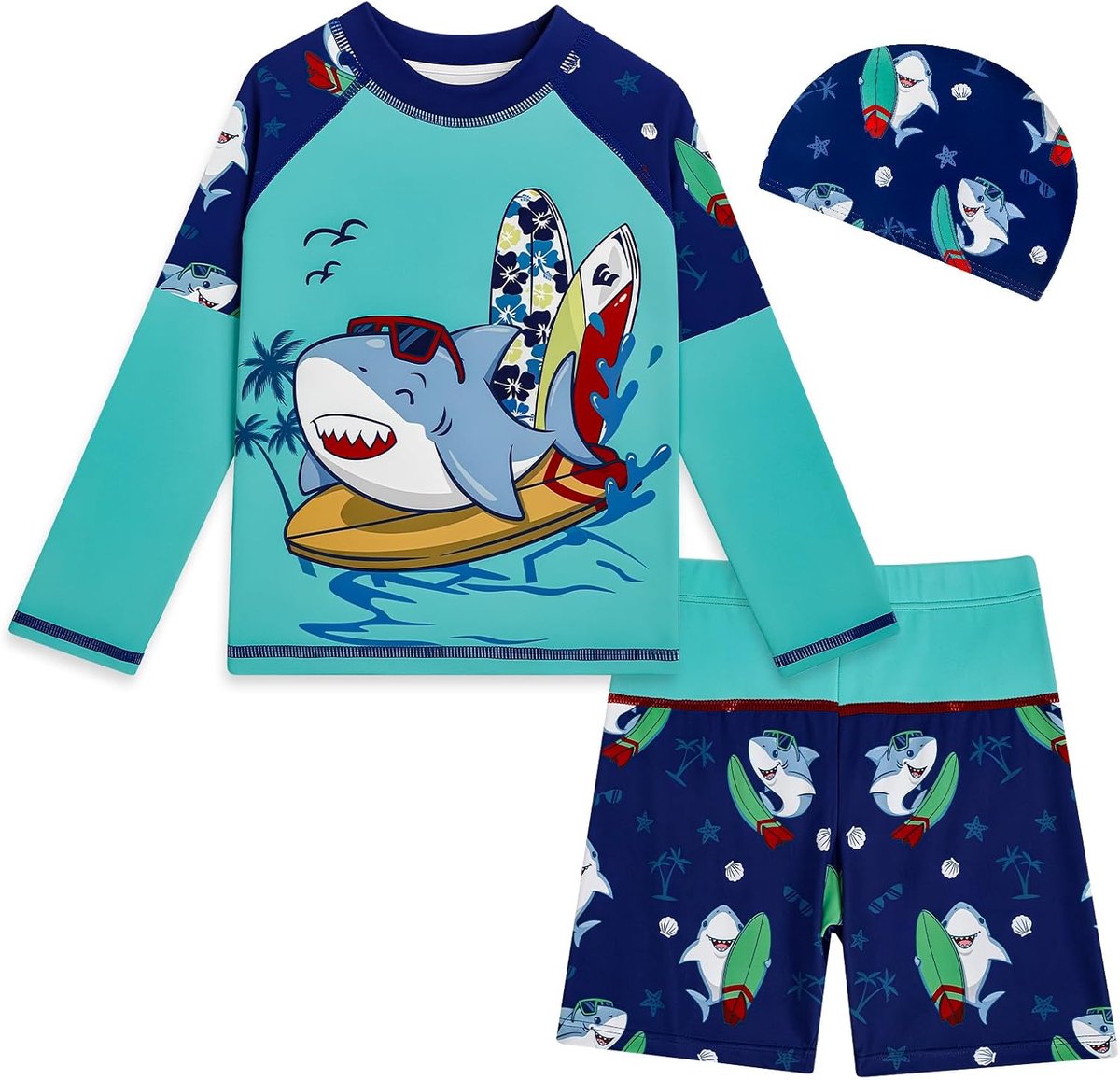 UV-badpak voor kinderen, UPF50+, zonnebescherming, 3-delig badshirt, lange mouwen, badmuts, kleine kinderen, badset, sneldrogend, maat 86-128