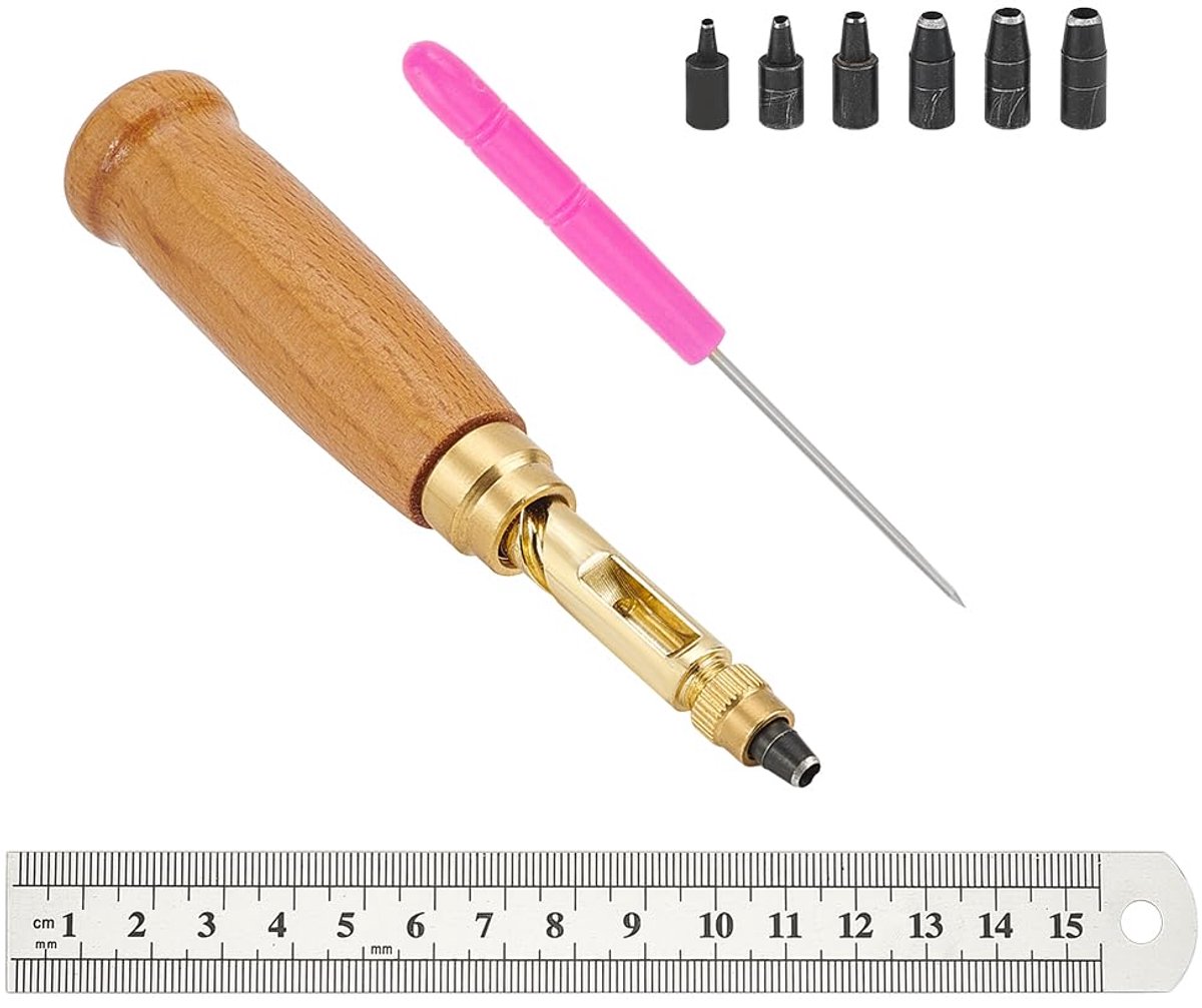 Verstelbare Japanse schroef Punch Set houten handvat messing leer gat Puncher met 5 Tips & Plastic handvat ijzer kraal Awls & roestvrij staal liniaal gat Punch Tool voor boekbind riemen