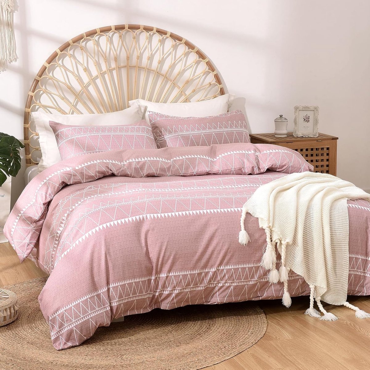 Dekbedovertrek 200x200 cm met 2 kussenslopen 65x65 cm - Boheems design - beddengoed 200x200 cm - dekbedovertrek met ritssluiting, roze