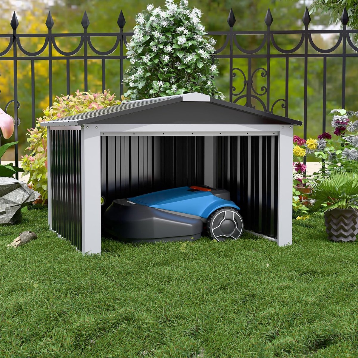 Metalen robotmaaier, garage met zadeldak, hoogte 62 x 90,5 x 88,8 cm (h x b x d), metalen schuur