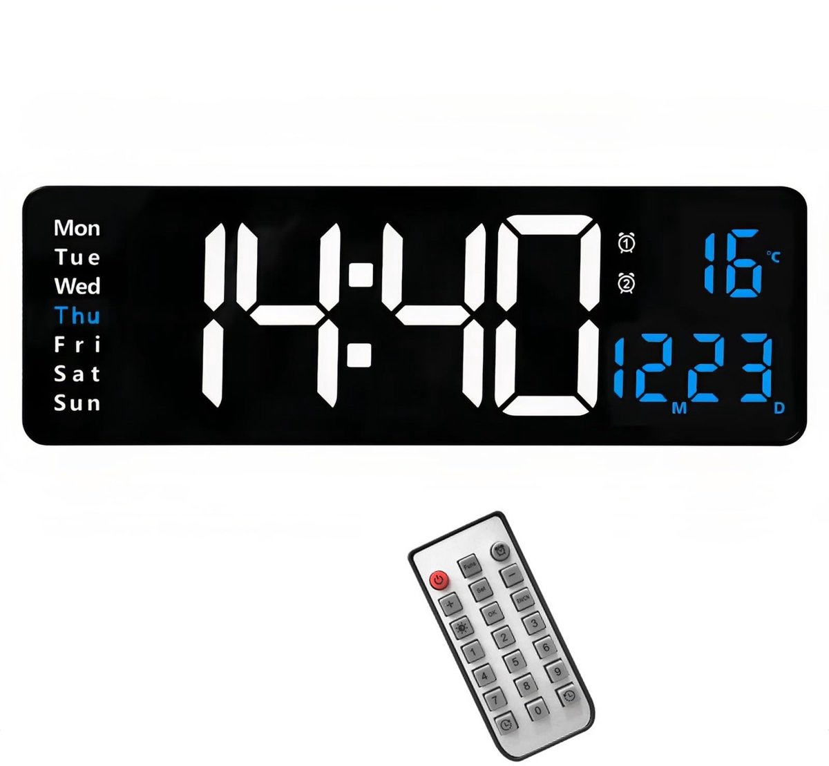 SnelShoppen - LED Digitale Wandklok 40,6 cm Groot Display met Tel Omlaag, Temperatuur, Kalender, Afstandsbediening, Instelbare Helderheid voor Woonkam