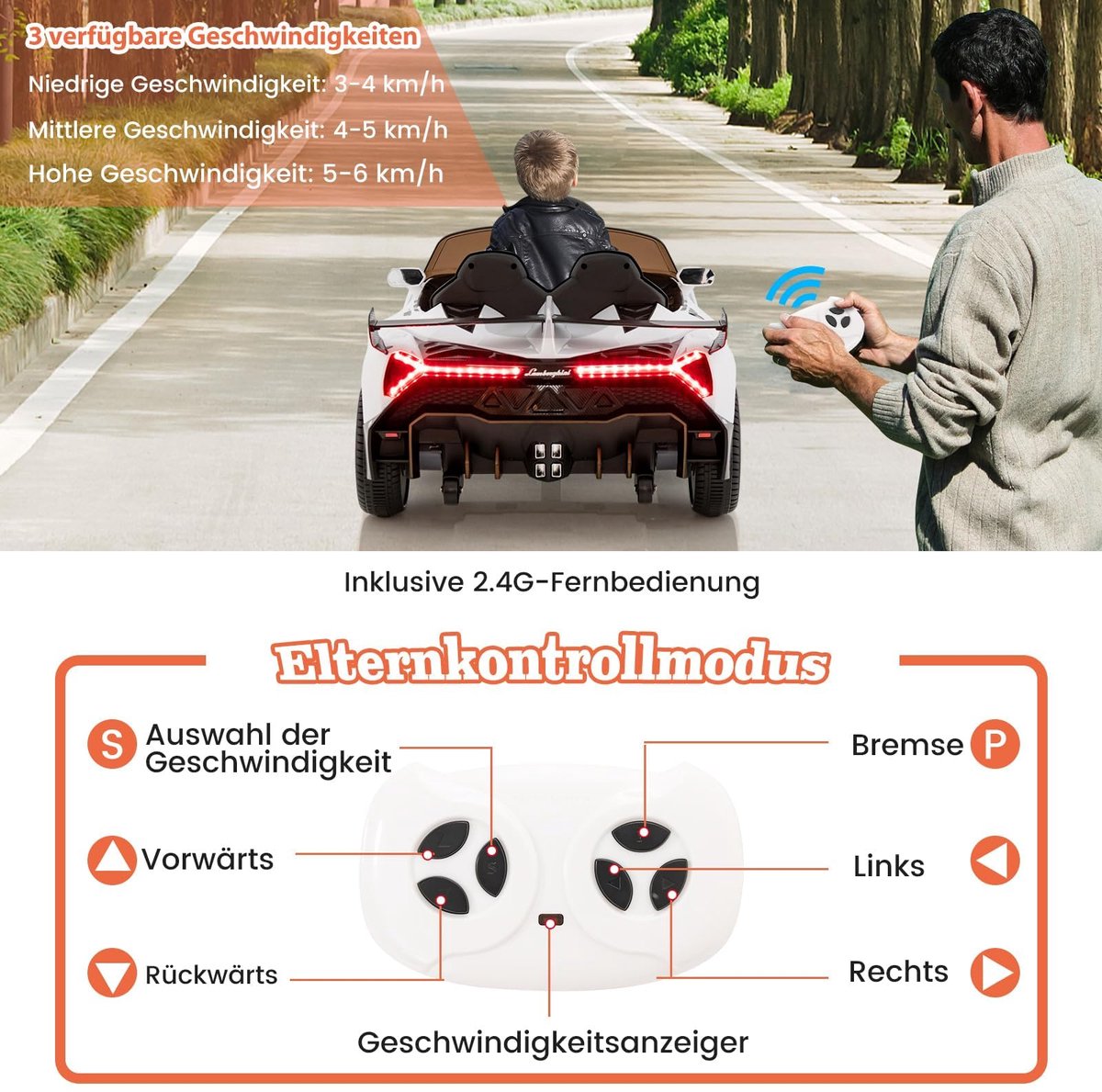 SnelShoppen - Lamborghini Elektrische Kinderauto 12V met Afstandsbediening, LED-koplamp, Claxon & Muziek, 2-zits Elektrisch Voertuig voor Kinderen van