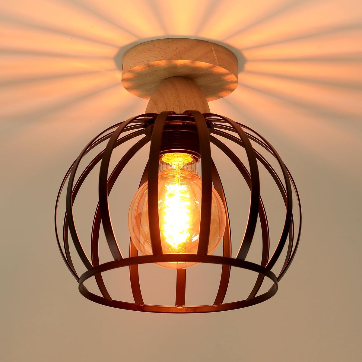 SnelShoppen - Vintage Houten en IJzeren Plafondlamp, Kooi Design, 20 cm, E27 Verlichting, Industrieel voor Hal, Slaapkamer, Woonkamer, Keuken, Zwart