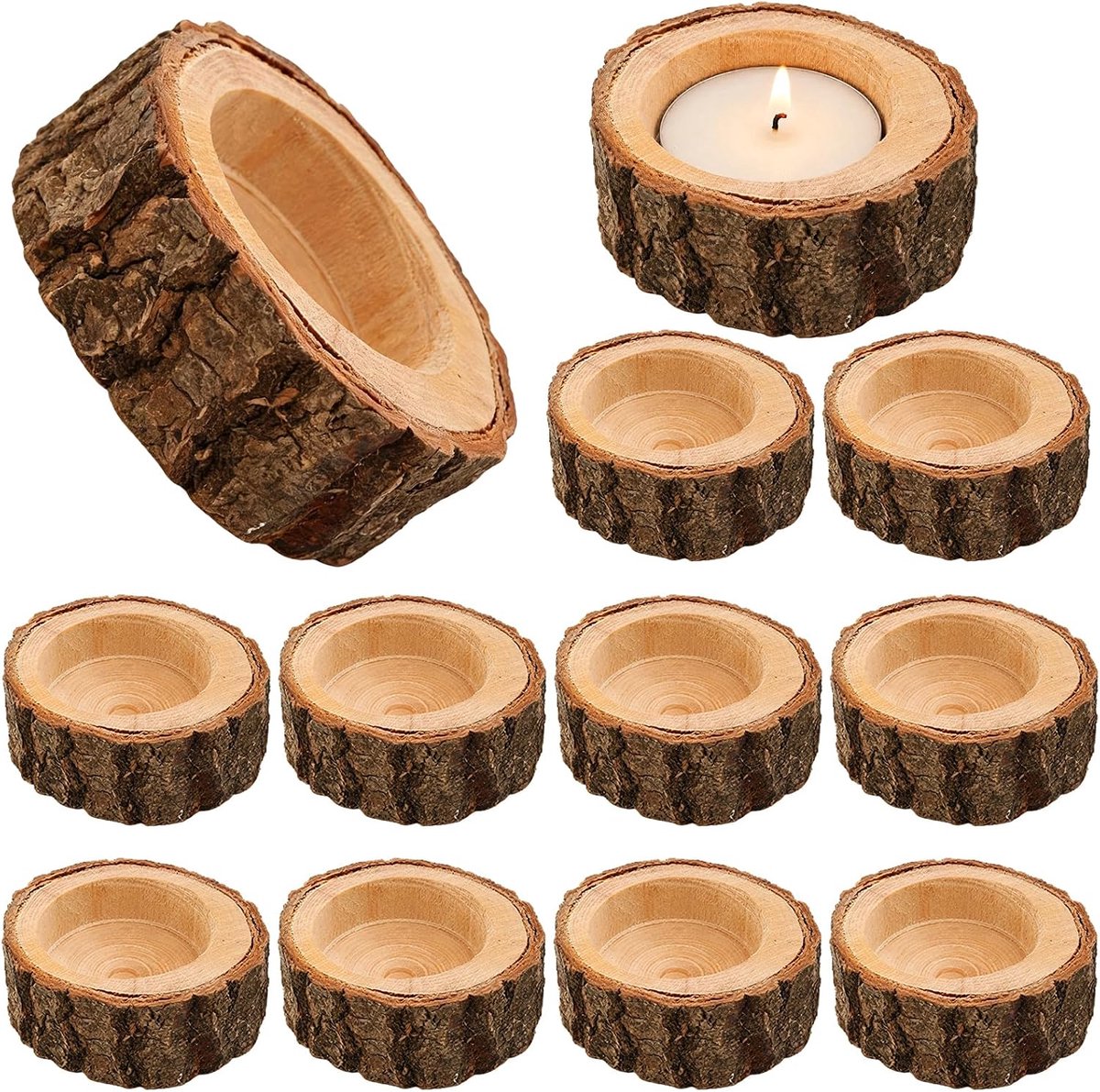 12 stuks theelichthouders hout, ronde vintage kandelaar, voor tafeldecoratie, bruiloft, huisdecoratie, verjaardag - ShopVlot