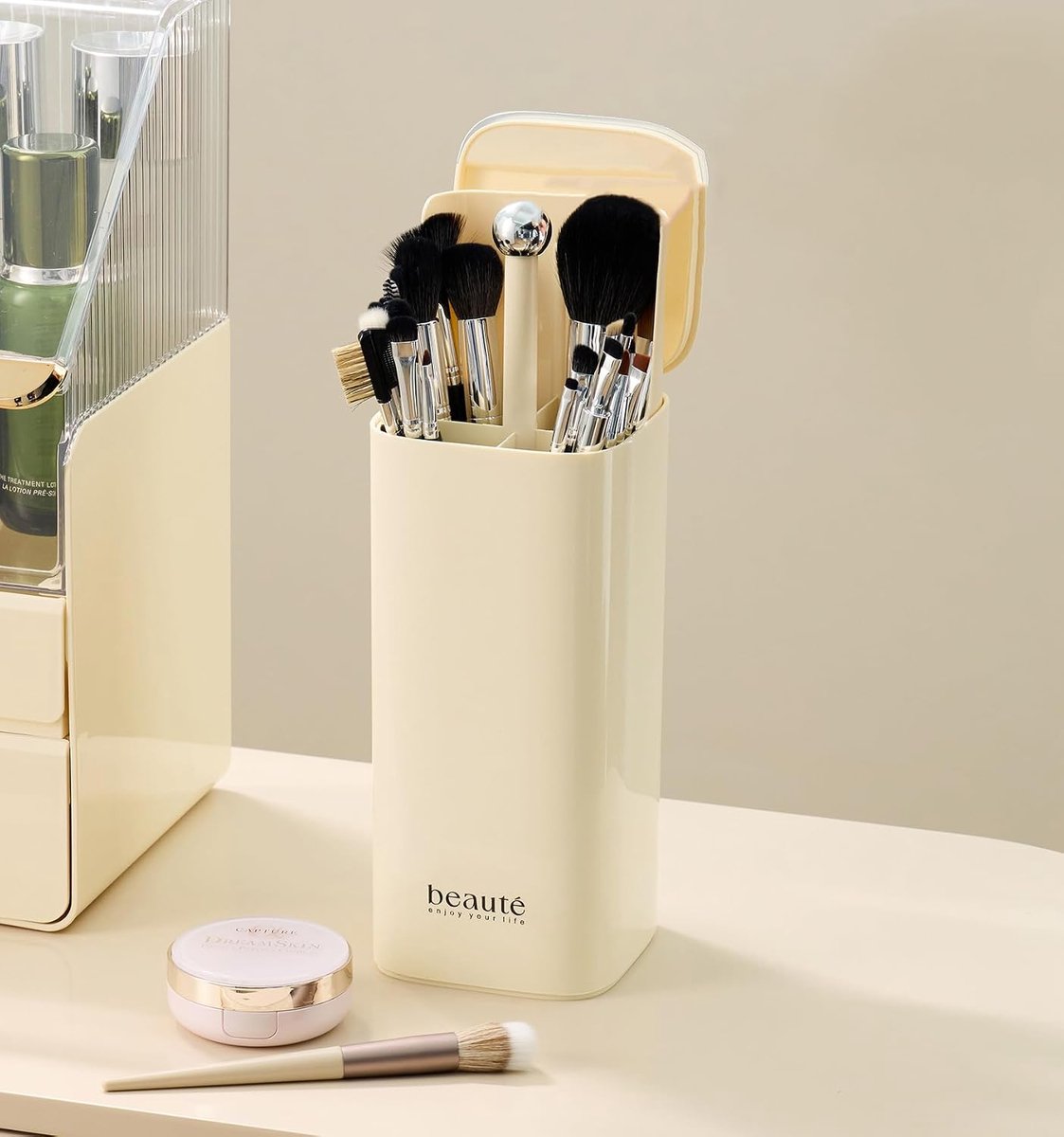 MH Opbergdoos voor cosmeticakwasten, elegant design met gouden accenten, stofvrije opslag, beige - ShopVlot