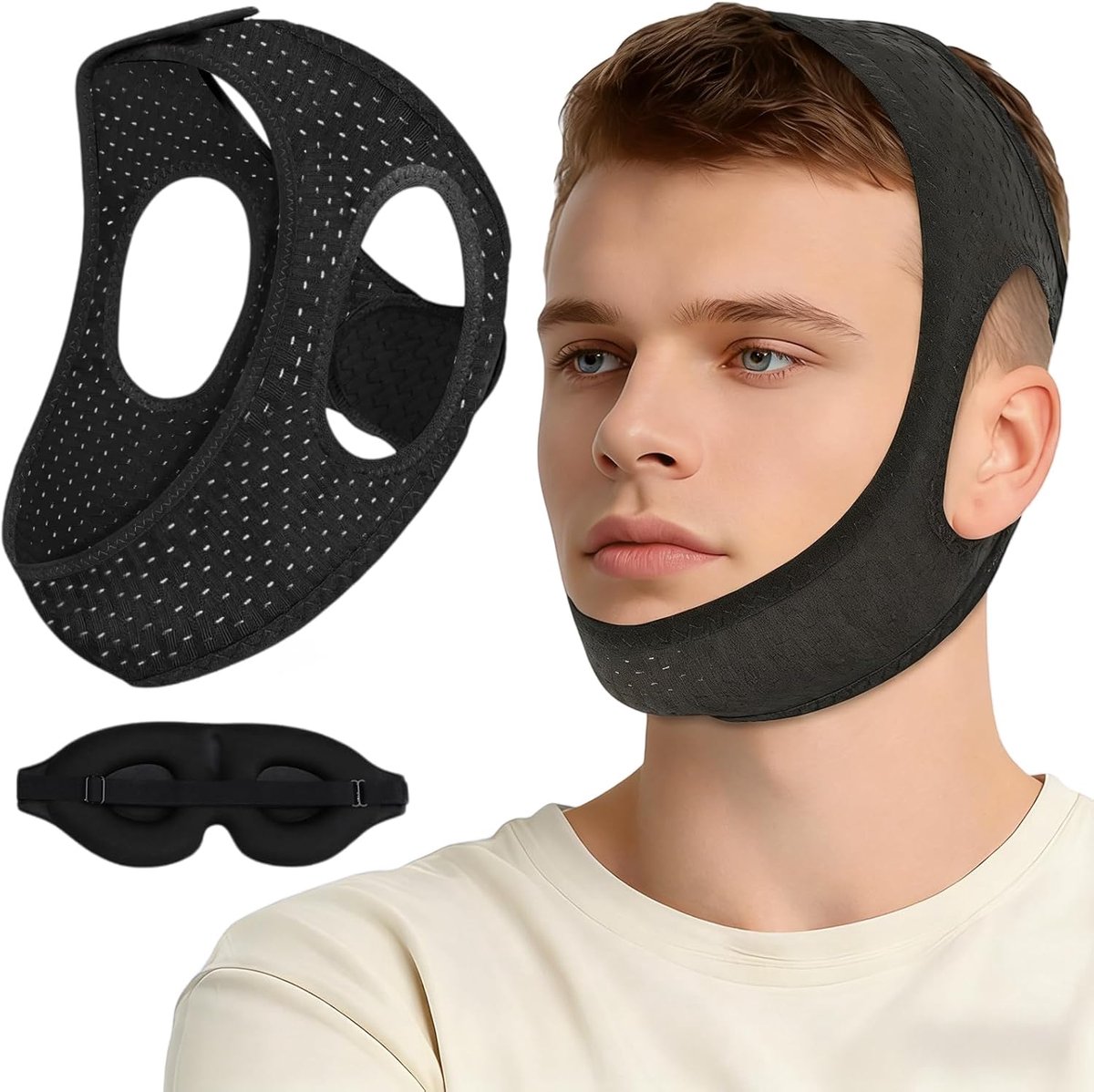 Anti-Snurk Kinband voor Slaapapneu, Verstelbare Kinriem met Oogmasker, Comfortabele Oplossing tegen Snurken, Ademend Snurkmasker