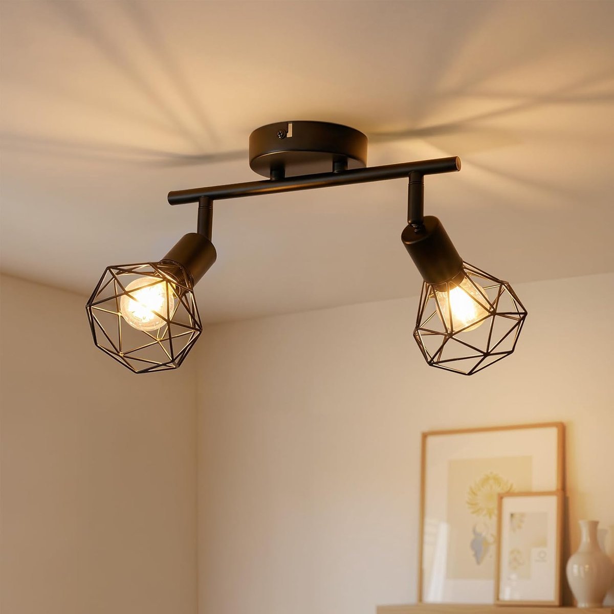 Plafondspot, 2 vlammen, vintage plafondlamp, spots, E14, retro plafondspots, zwart, metalen plafondspots, wandspot voor keuken, hal, kantoor, slaapkamer, zonder lamp