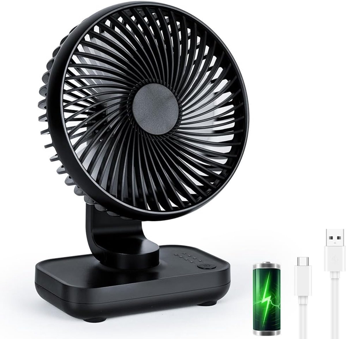 USB-tafelventilator, mini-ventilator, stil, sterke wind, zwart | met 4 instelbare snelheden, draagbare, oplaadbare, kleine basisventilator voor kantoor, thuis, school, bibliotheek, buiten