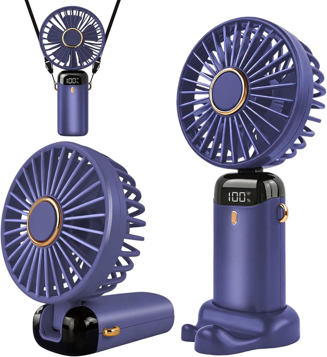 Draagbare handventilator, draagbare draagbare USB oplaadbare ventilatoren met 5 snelheden, batterijgevoede mini-ventilator, opvouwbare bureauventilatoren met LED-display voor thuiskantoor,