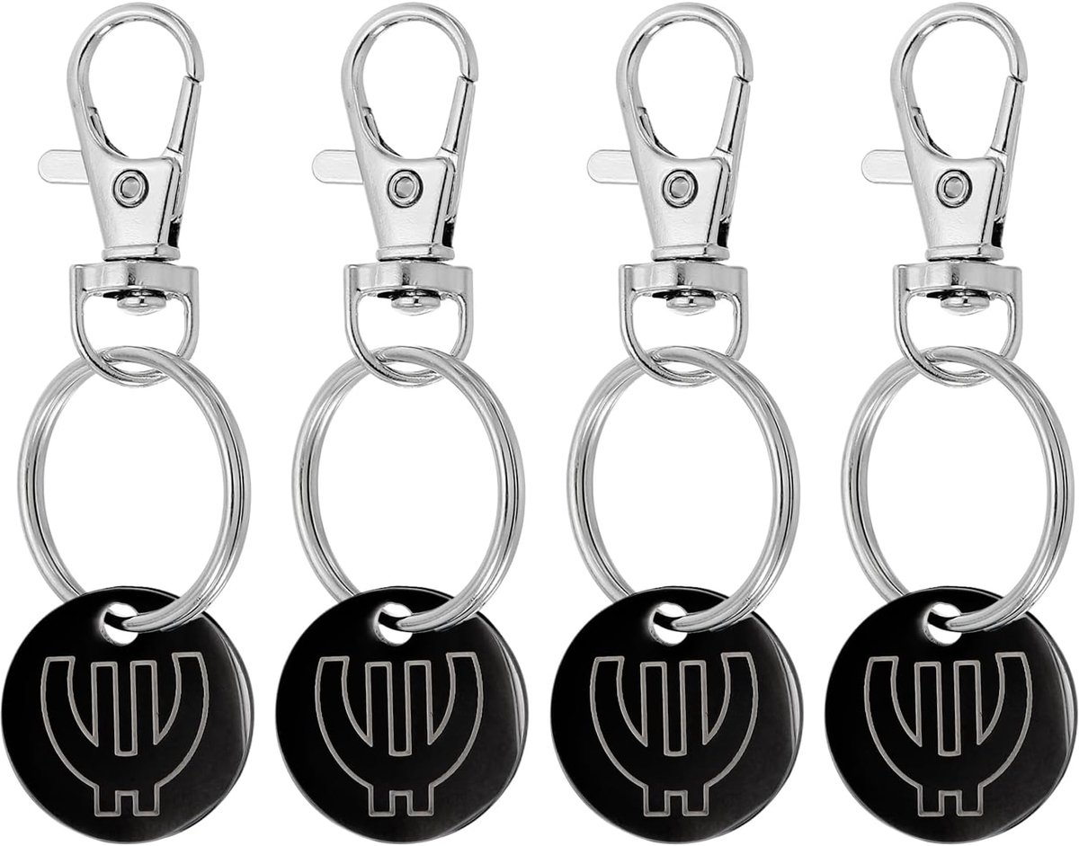 Winkelwagen token sleutelhanger, 4-pack roestvrijstalen kruidenierswinkelwagen, muntensleutelhangers, ontgrendelingssleutel voor meters, wisselen, zwart