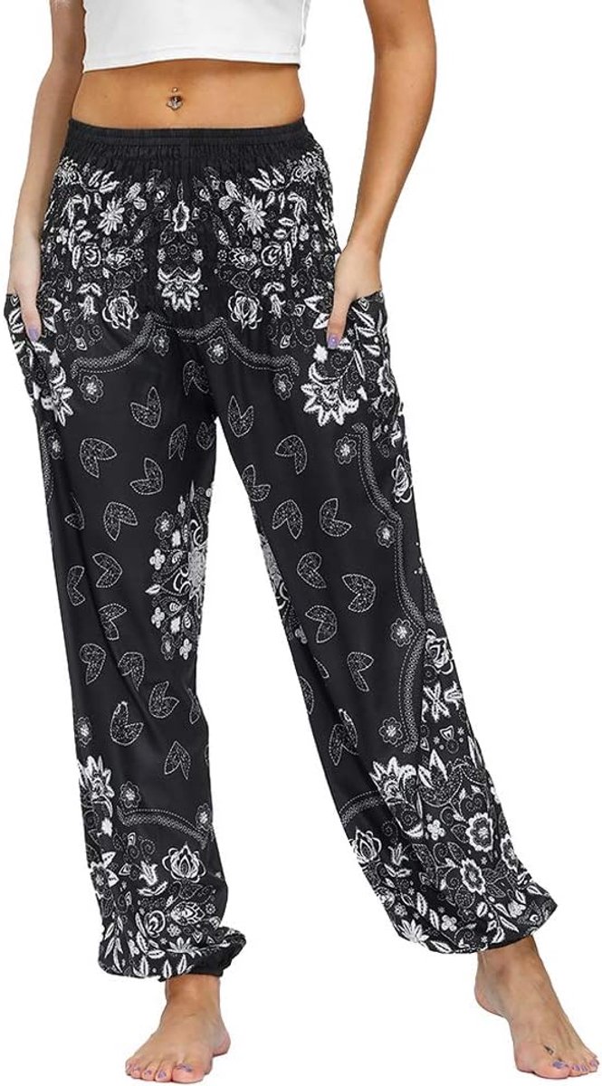 Thaise hippiebroek voor dames, boho, vintage, patroon, gesmokte taille met zakken, lichte yogabroek