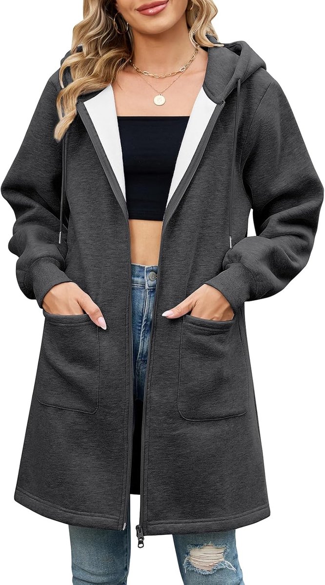 Hoodies Zip Up Hoodie Dunne Fleece Lange Dames Sweatshirts Jas Casual Hooded Jas Losse Hoody met Zakken voor Dagelijks Outdoor