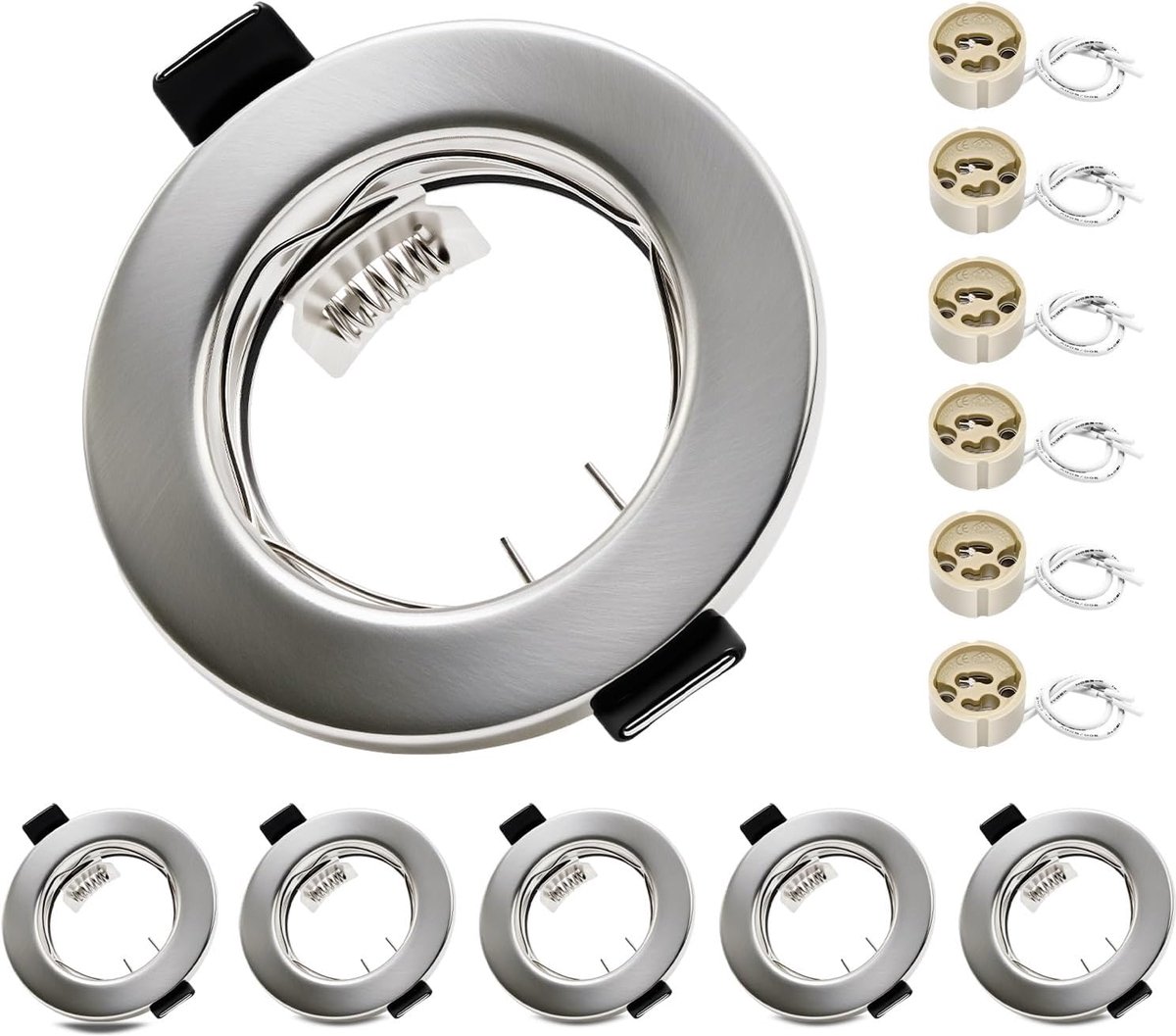 Set van 6 ronde inbouwspots GU10 - Geborsteld Nikkel inbouwframe met fitting, geschikt voor boorgaten Ø55-70mm. Ideaal voor LED- en halogeenlampen. Eenvoudige installatie en moderne uitstraling.